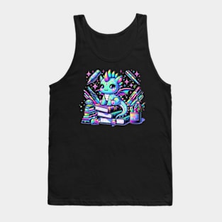 Kawaii Holographic Baby Dragon on Books Chibi Anime Tank Top